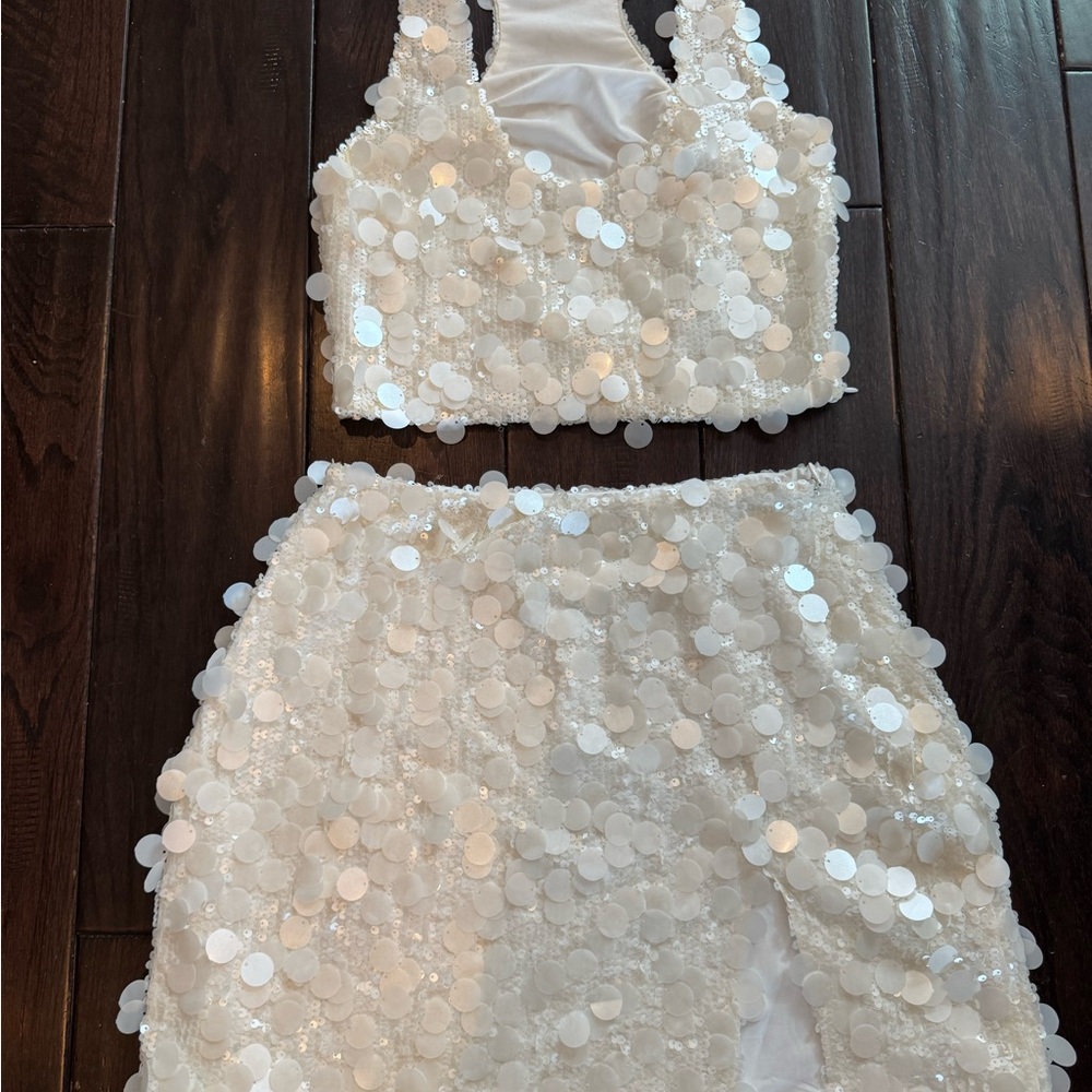 Meshki White Sequin Skirt Set